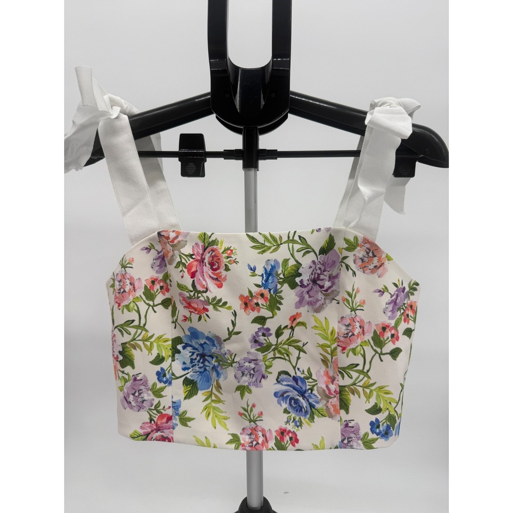 Alice + Olivia Nika Floral Crop Top L Gardenia Corset Tie Strap Cottagecore EUC